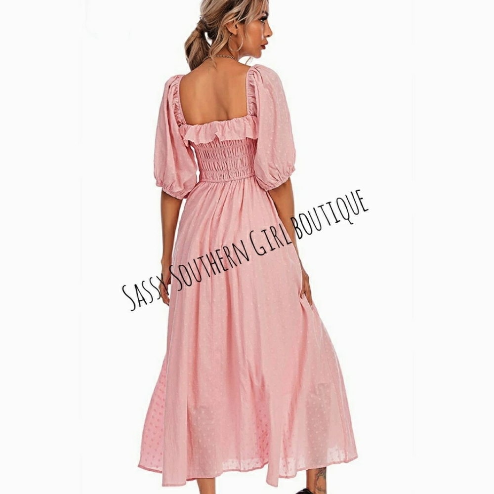 🆕⭐ Boho rose pink smocked swiss dot dress - Picture 7 of 11